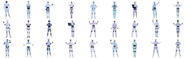 Lady robot icons set. Collection of robots posing and performing various tasks vector