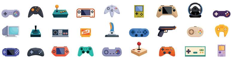Retro gamepad icons set. Gamer using different controllers for playing video games vector