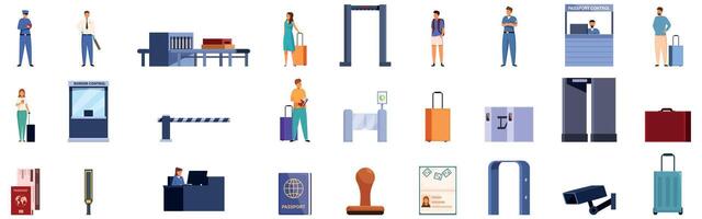 Passport border control icons set. Airport security check with passengers passing through metal detector and showing passport vector