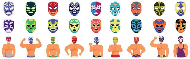 Mexican luchador masks icons set. Set of mexican luchadores with colorful masks, posing and showing muscles vector