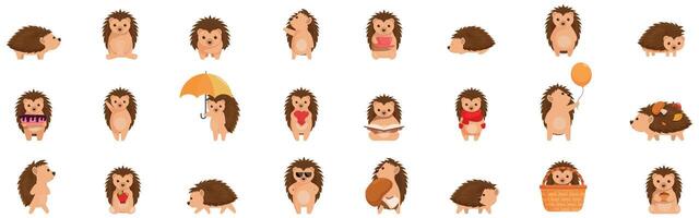 Funny hedgehog icons set. Set of adorable hedgehogs enjoying various activities, showcasing their playful and charming nature vector