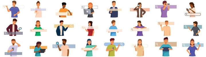 People clicking internet search icons set. People using laptops, tablets and smartphones searching for information on the internet vector