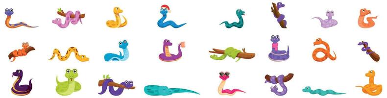 Cute funny snakes icons set. Colorful snakes slithering and posing in different styles vector