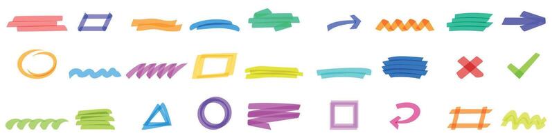 Text highlighter icons set. Set of colorful hand drawn highlighter elements isolated on white background vector