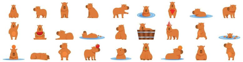 Capybara icons set. Set of funny capybara character engaging in different activities like swimming, eating, and playing vector