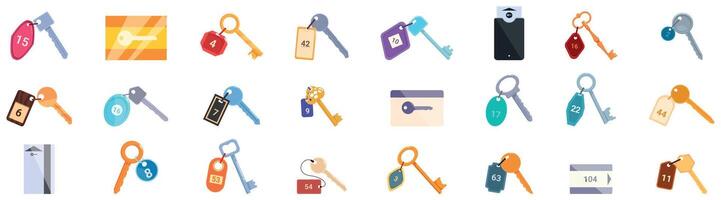Door key hotel room icons set. Hotel key with keycard and room number tag hanging on wall holding using keyring vector