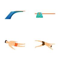 Springboard diving icons set cartoon vector. Man jumping from board into water vector
