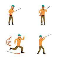 Man hunter icons set cartoon vector. Bearded hunter character with rifle vector