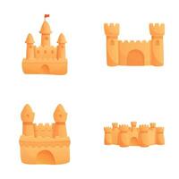 Sandcastle icons set cartoon vector. Various sand castle with tower vector