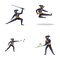 Ninja character icons set cartoon vector. Ninja character in fighting pose vector