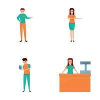 Offline store icons set cartoon vector. Sales assistant and store consultant vector