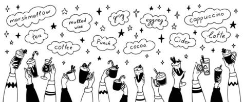 Christmas market doodle banner. Named winter hot drinks. New year party. Sketchy hands up with different beverages. Crowd of people having fun. Cocoa, mulled wine, marshmallow chocolate vector