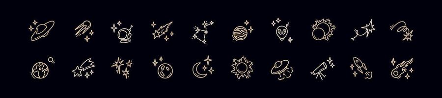 Doodle outer space cosmic icons set. Planets, constellation, spacecraft, rocket hand drawn linear illustration. Falling stars and comets. Alien ship. Astronomy science and astrology concept. vector