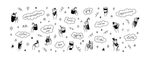 Winter hot drinks cute line doodle. Alcohol and soft named beverages. Merry Christmas and Happy New Year market. Marshmallow cocoa, mulled wine, eggnog, honey spice latte in people hands vector
