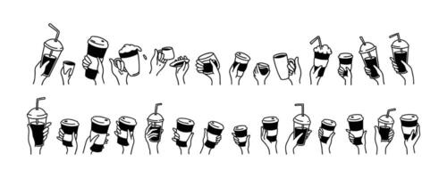 Raising hands up with coffee. Cute line doodle. Different types and size hot drinks. Group of people, men and women in the morning at breakfast. Friendship and team building. Beverage icon set vector