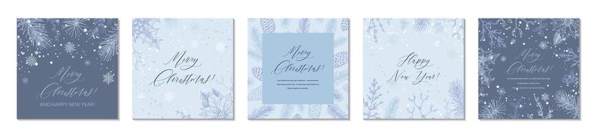 Set of Merry Christmas and Happy New year blue square greeting cards. Social media post template. Hand drawn sinter festive background with sketch botany elements. Engraving illustration vector