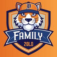 Dynamic Family Crest Emblem Featuring a Fierce Tiger in Cap with Bold Family 20LD Text on Vibrant Orange Background vector