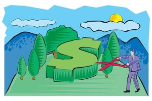 Clipart of A businessman cuts the Dollar Sign tree with scissors vector