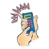 Hand holding, using calculator icon. Accountant calculating finance, counting, pressing buttons with finger vector