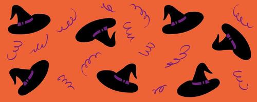 Halloween horizontal banner template with witch hats and serpentine. Festive celebration design for card, invitation, label, sale. Hand drawn illustration. vector