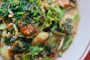 lotek is a traditional salad from Indonesia made from vegetable, chayote, kale, young jackfruit, tempeh, tofu, long beans, and bean sprouts with peanut sauce and cracker photo