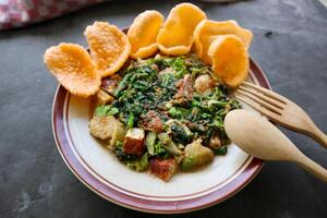 lotek is a traditional salad from Indonesia made from vegetable, chayote, kale, young jackfruit, tempeh, tofu, long beans, and bean sprouts with peanut sauce and cracker photo