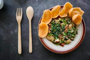 lotek is a traditional salad from Indonesia made from vegetable, chayote, kale, young jackfruit, tempeh, tofu, long beans, and bean sprouts with peanut sauce and cracker photo