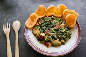 lotek is a traditional salad from Indonesia made from vegetable, chayote, kale, young jackfruit, tempeh, tofu, long beans, and bean sprouts with peanut sauce and cracker photo