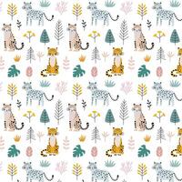 Seamless pattern with leopards. Wild nature, animals, plants, flowers, berries on white. Hand drawn design in Scandinavian style. vector