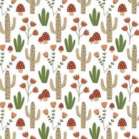 Floral seamless pattern in Scandinavian style. Flowers, plants, cactus, mushrooms and grass on white. Hand drawn design for print, paper, design, fabric, gift wrap, decoration, background. vector
