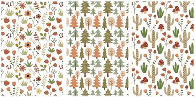 Floral seamless pattern set in Scandinavian style. Flowers, plants, cactus, mushrooms, trees and grass on white. Hand drawn design for print, paper, design, fabric, gift wrap, decoration, background. vector