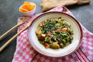 lotek is a traditional salad from Indonesia made from vegetable, chayote, kale, young jackfruit, tempeh, tofu, long beans, and bean sprouts with peanut sauce and cracker photo