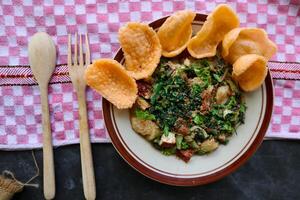 lotek is a traditional salad from Indonesia made from vegetable, chayote, kale, young jackfruit, tempeh, tofu, long beans, and bean sprouts with peanut sauce and cracker photo