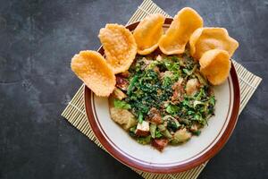 lotek is a traditional salad from Indonesia made from vegetable, chayote, kale, young jackfruit, tempeh, tofu, long beans, and bean sprouts with peanut sauce and cracker photo