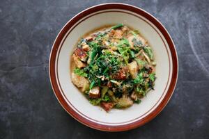 lotek is a traditional salad from Indonesia made from vegetable, chayote, kale, young jackfruit, tempeh, tofu, long beans, and bean sprouts with peanut sauce and cracker photo