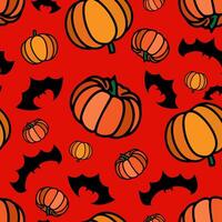 Autumn Pumpkin pattern with Halloween flyinf bats. Thanksgiving vegetable seamles print. Autumn-themed repeat print. vector