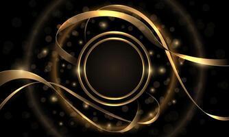Abstract luxury gold circle ribbon wave curve light bokeh gritter on black design modern background vector