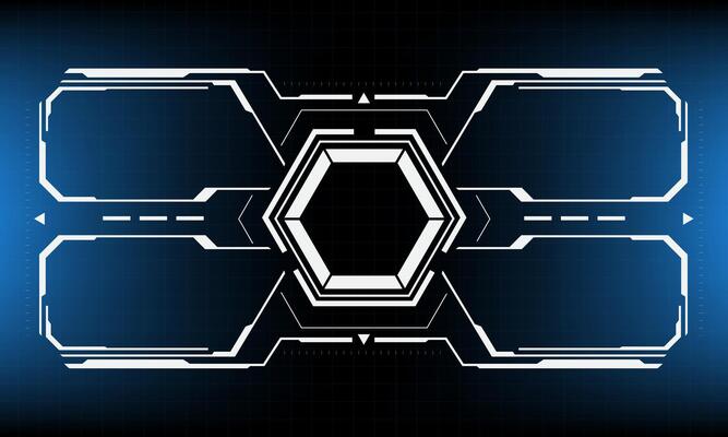 HUD white sci-fi interface screen view black geometric design virtual reality futuristic technology creative display on blue