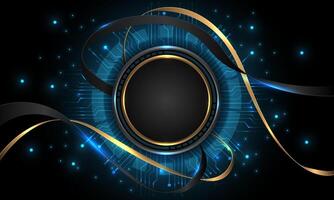 Abstract luxury gold circle ribbon wave curve blue light circle cyber on black design modern futuristic technology background vector