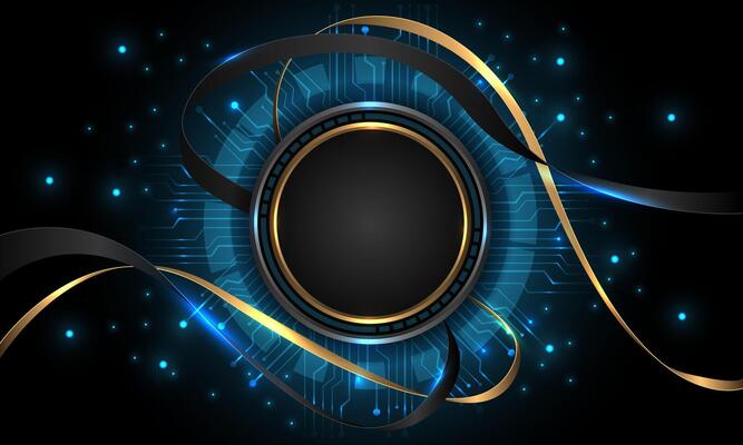 Abstract luxury gold circle ribbon wave curve blue light circle cyber on black design modern futuristic technology background