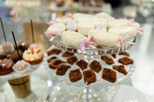 A dessert table with a variety of treats including cakes, cookies, and brownies. The table is set with a clear glass platter and a few decorative items such as a pink ribbon and a gold stand photo