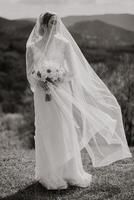 A bride is standing in a field with a veil on her head and a bouquet in her hand photo