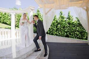 A bride and groom are walking up the steps of a building. The bride is holding a bouquet and the groom is holding her hand. The scene is romantic and happy photo