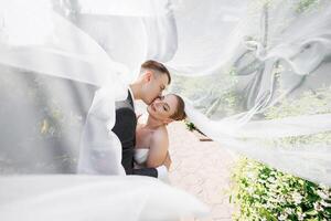 A bride and groom are kissing in front of a white veil. The bride is wearing a white dress and the groom is wearing a suit. The scene is romantic and intimate photo