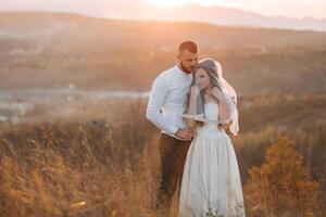 A bride and groom are standing in a field with a sunset in the background. The bride is wearing a veil and the groom is holding her hand. Scene is romantic and peaceful photo