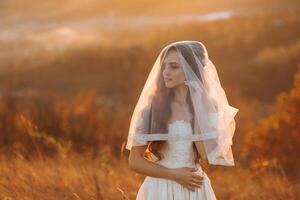 A woman in a wedding dress stands in a field with a veil covering her face. The scene is serene and peaceful, with the sun shining brightly in the background. The woman's veil adds a touch of elegance photo