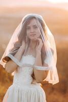 A woman in a white dress is standing in the sun with a veil covering her face. The veil is made of a net-like material and is covering her face, giving her a mysterious and ethereal appearance photo