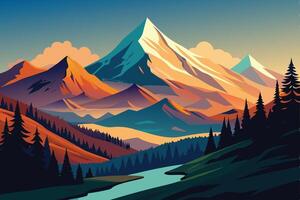 Adventures mountain drawing with river Abstract minimal flat art vector