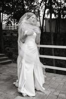 A woman in a wedding dress is standing in front of a fence. She is wearing a veil and a white dress photo