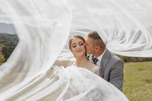A bride and groom are kissing under a white veil. The bride is wearing a white dress and the groom is wearing a gray suit. The scene is set in a grassy field photo